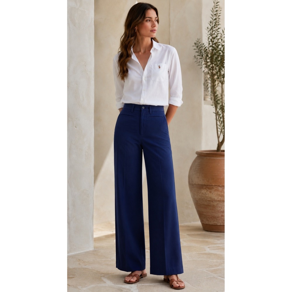 Polo Ralph Lauren Womens Navy Blue Wide Leg High Rise Cotton Twill Trousers 6